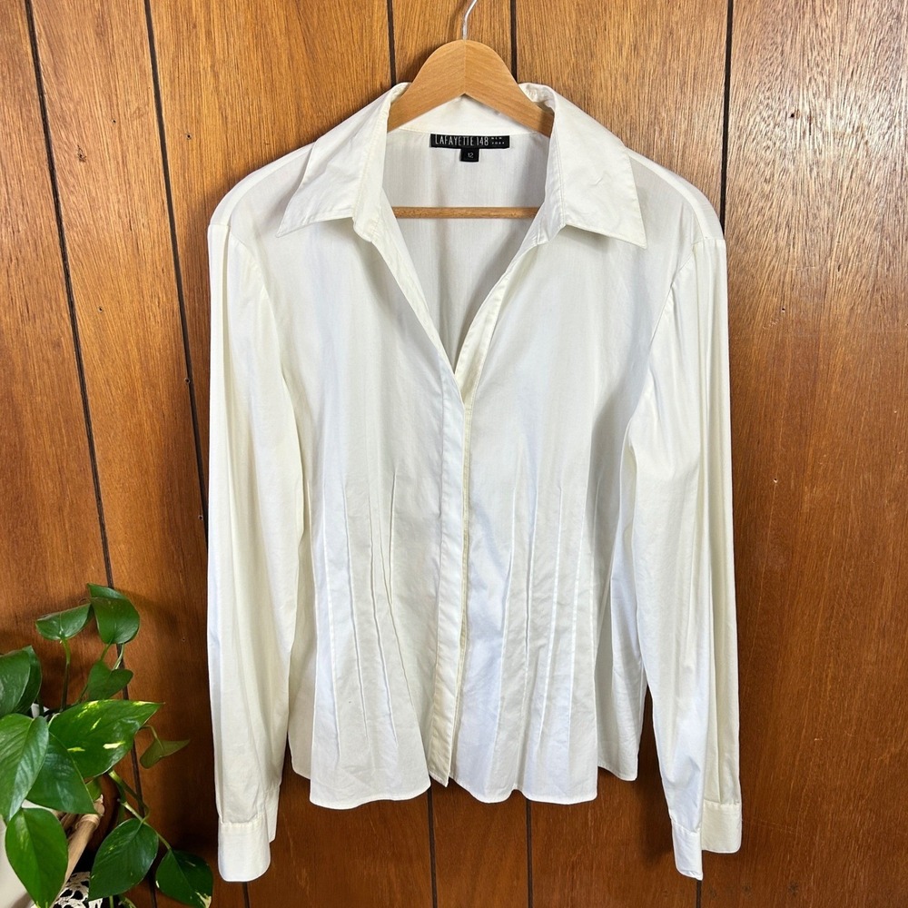 Lafayette 148 New York White Pleated Button Up Long Sleeve Shirt Size 12